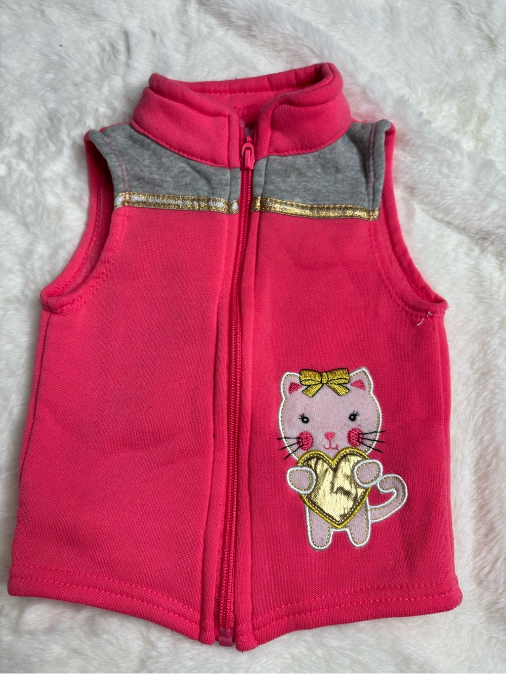 Kids Pink Fleece Vest with Gold Heart Cat Embroidery